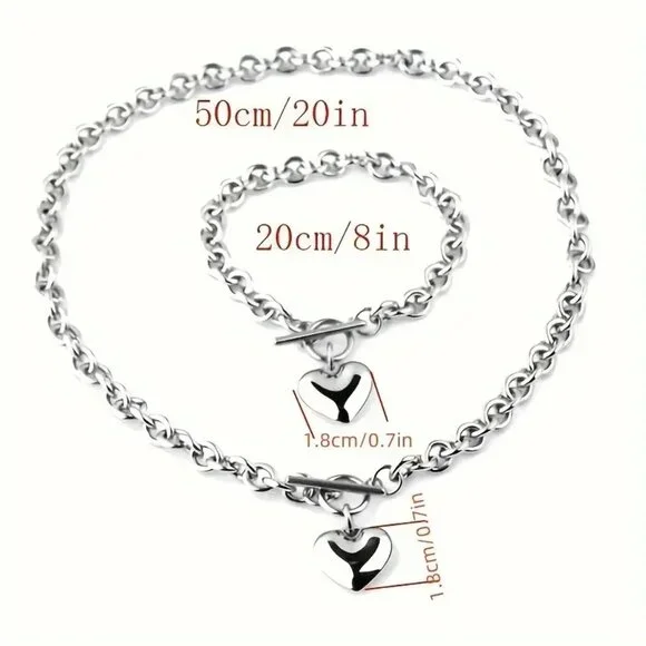 💕 2pc Set Heart Charm Necklace & Bracelet Set - O-Chain Velentine's Jewelry - Picture 6 of 9